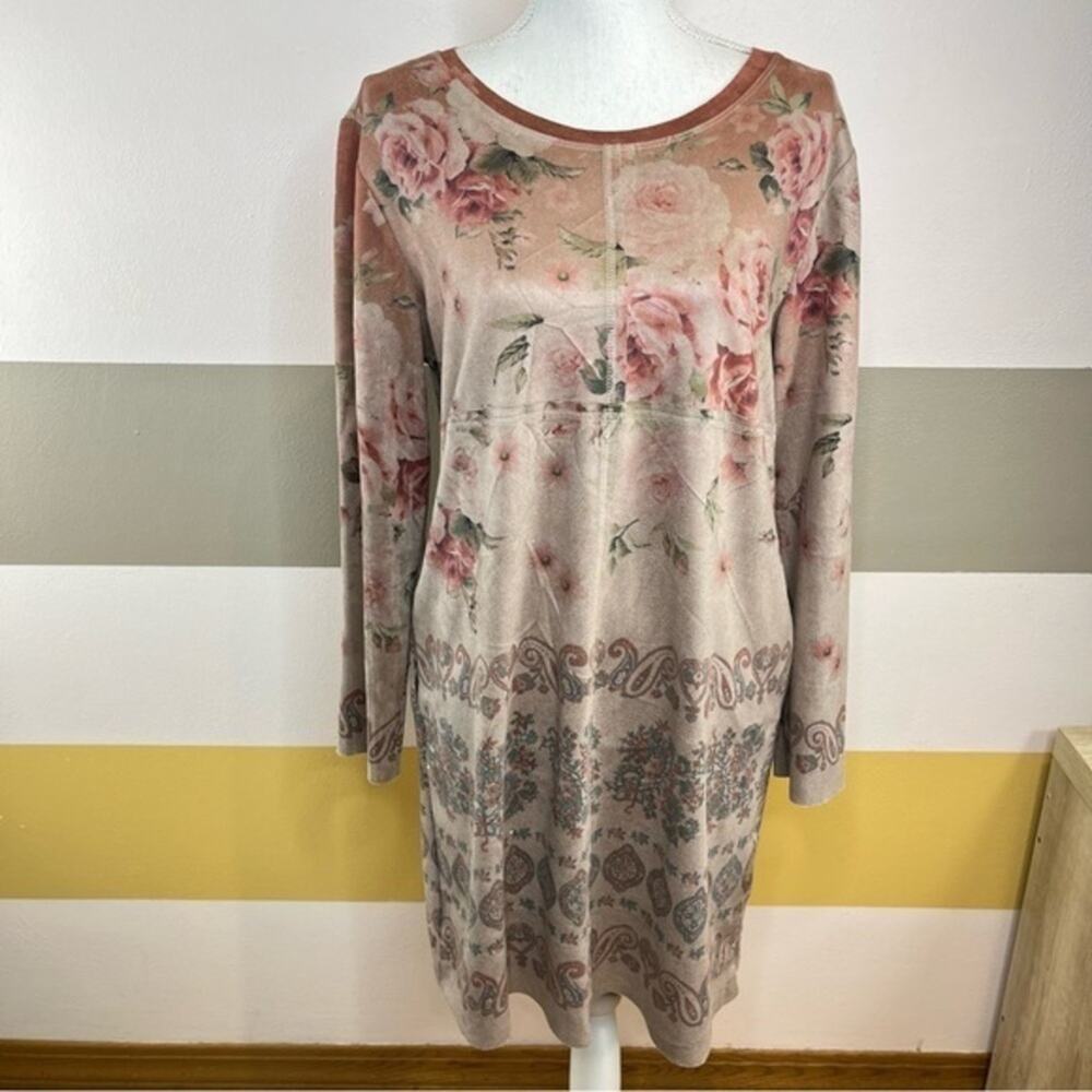 Joh Boutique Tan Brown Rose Floral Suede Bohemian Western Modest Paisley Dress L